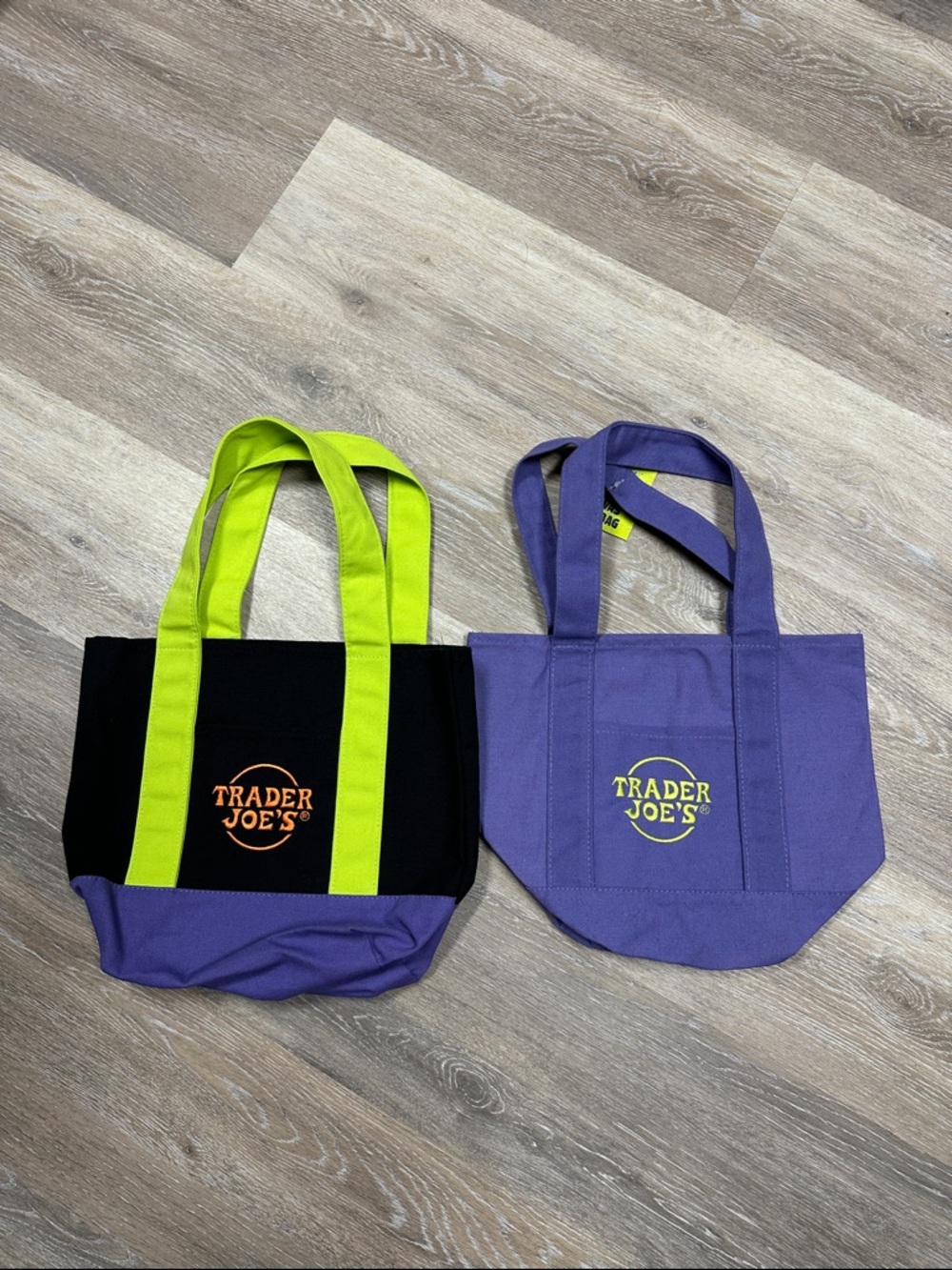 Set of 2 Trader Joe's Mini Canvas Totes: Purple/Green/Black